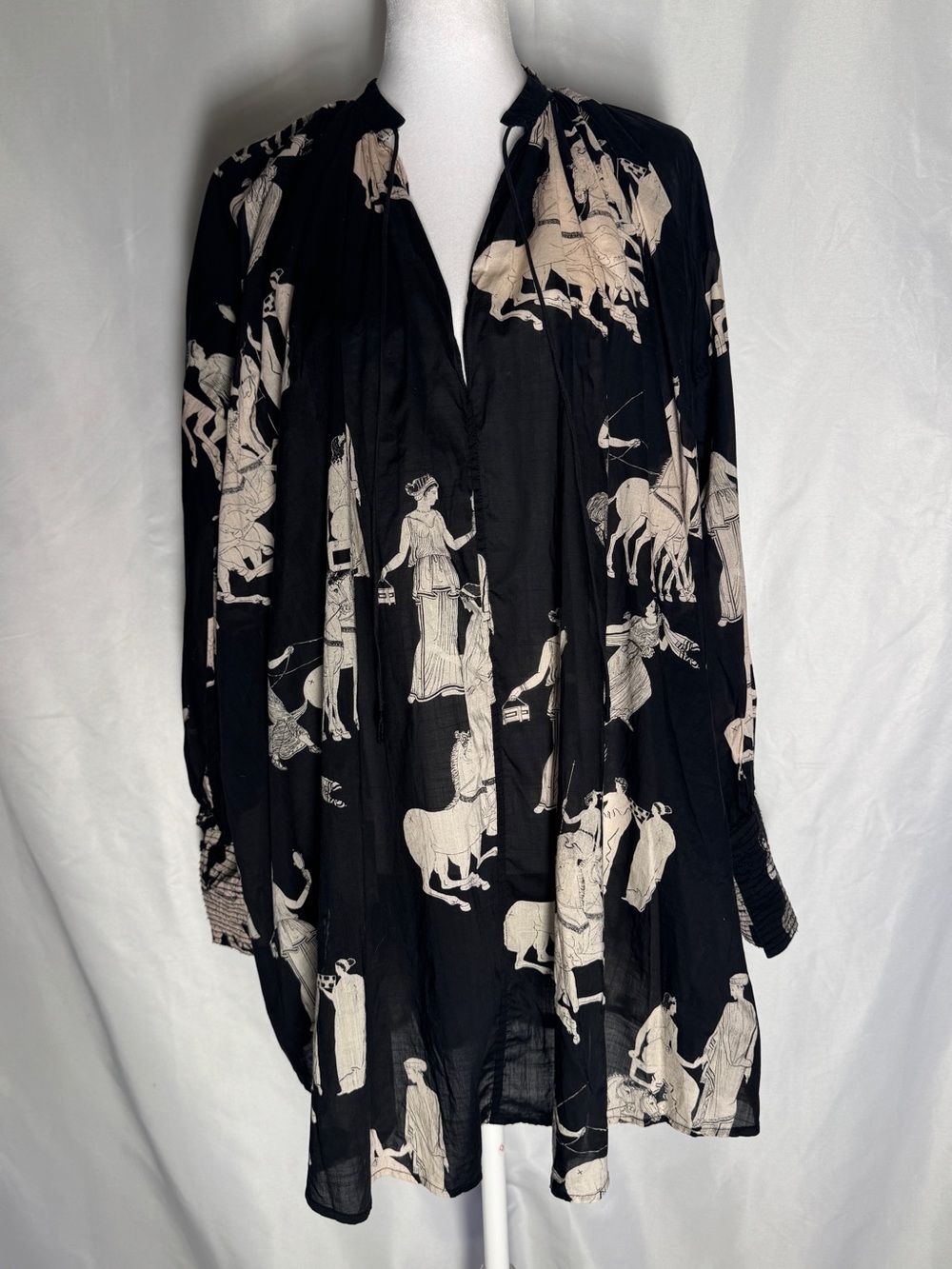 H&M Black Greek Mythology Print Tunic Dress Size 4 Boho Cotton Mini Dress